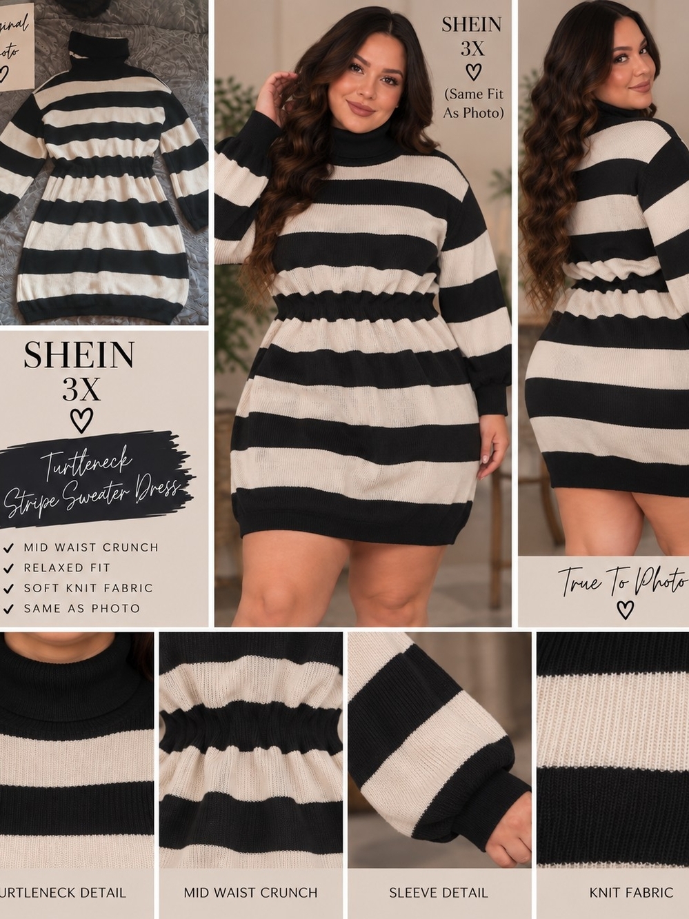 SHEIN Black & Cream Striped Turtleneck Sweater Dress